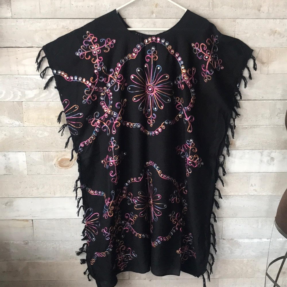Multicolour embroidered sequins fringe swimsuit cover-up